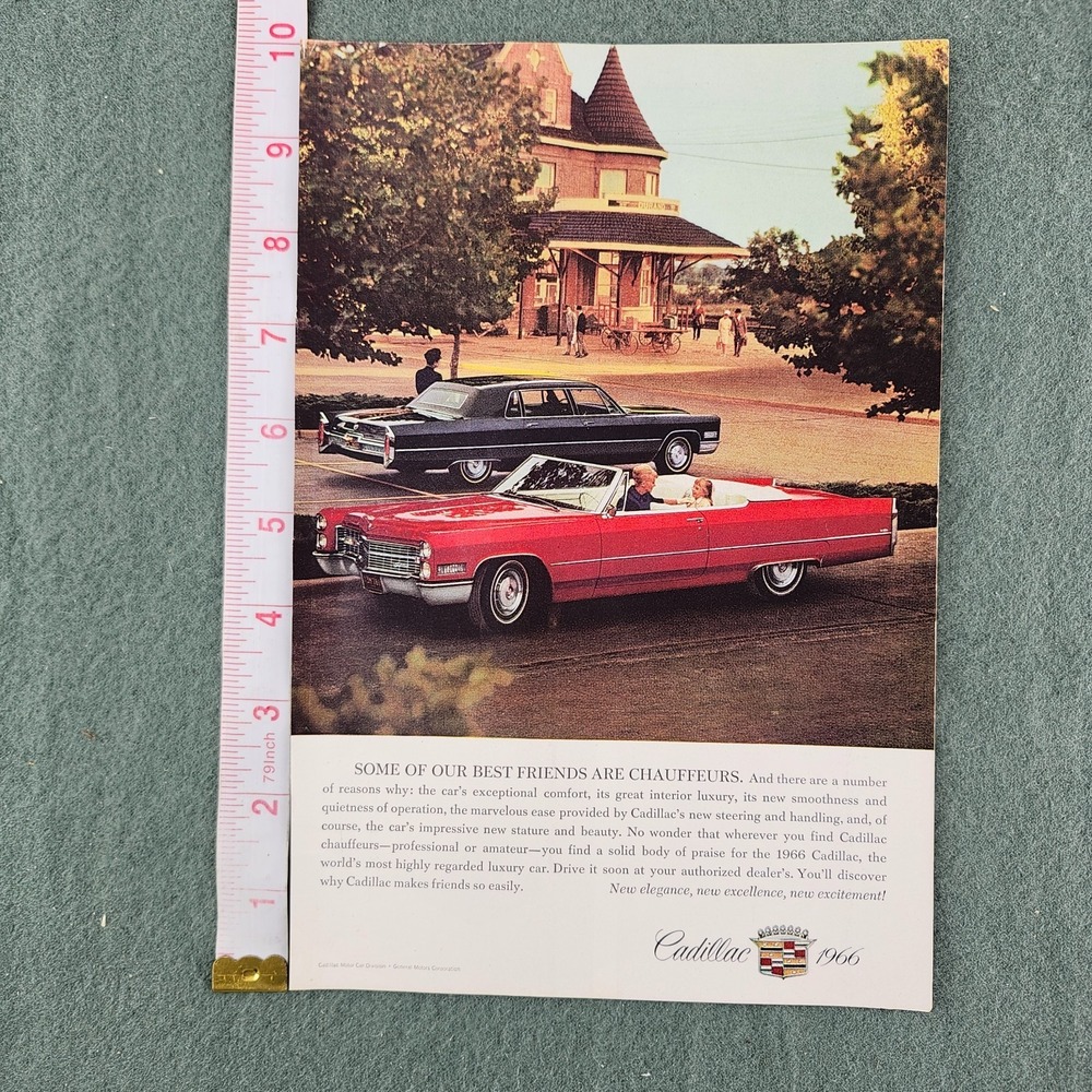1966 Red Cadillac DeVille Convertible Cars‎ Vintage Magazine Ad 10x7